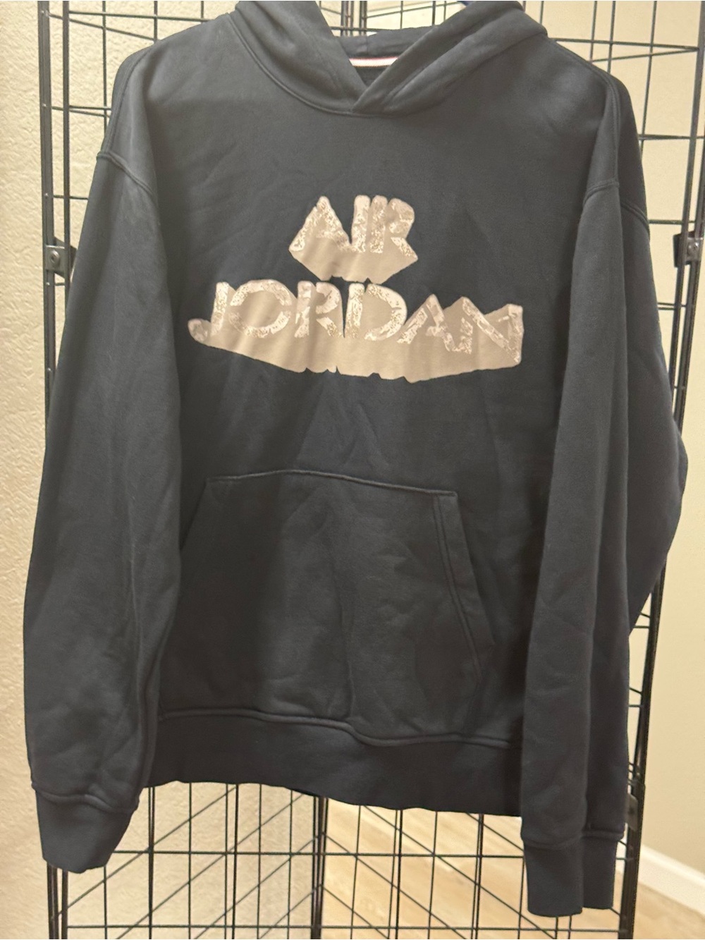 Jordan Black Hoodie with Metallic Silver 'Air Jordan' Logo size M Pit 24”, L 30